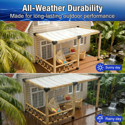 Outdoor pergola with 4x4 Pergola Brackets Kit 4 Way Corner Brackets For Gazebos And Patios Heavy Duty Wood Post Supports installed.