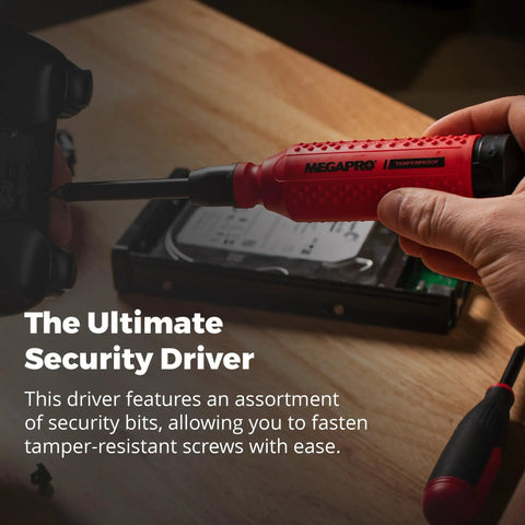 Tamperproof Security Screwdriver Set With Multi Bit Kit One Quarter Inch Hex Shaft Hex Pin Spanner Pin And Torx Pin Compact Pro Grade Security Bit Set With Palm Saver Cap And EZ Guide Collar red handle on hard drive