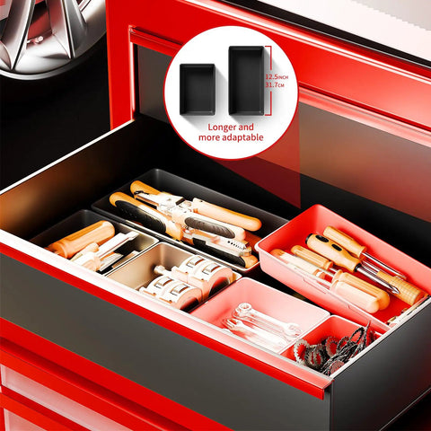 69 Piece Tool Organizer Set With 5 Sizes For Drawer Desk Tray Rolling Chest And Toolbox Storage shown with tools in organizer bins.