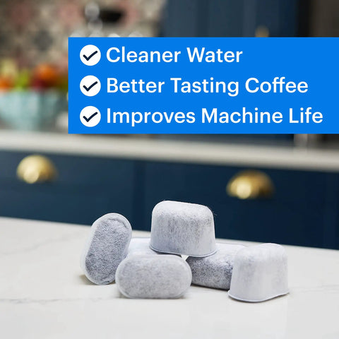 Six Pack Water Filters For Breville Espresso Machines Replacement Filters With Activated Charcoal And Renewable Cotton placed on counter.