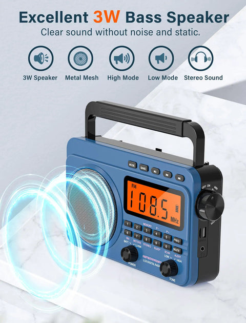 Portable AM FM Shortwave Radio With NOAA Weather Alert, 4000mAh Rechargeable Battery, Big Speaker, Digital Tuner shown on table