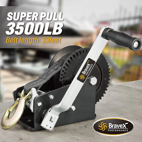 Heavy Duty 3500lb Boat Trailer Winch With 33ft Strap Portable Hand Winch With Steel Cable Two Way Ratchet Crank For SUV ATV UTV