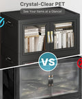 Premium Five Tier Storage Tower With Clear Front Panel Foldable Stackable Cabinet Rack showing clear doors with books inside.