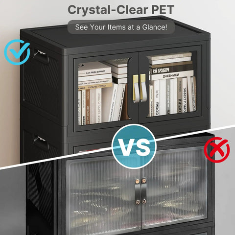 Premium Five Tier Storage Tower With Clear Front Panel Foldable Stackable Cabinet Rack showing clear doors with books inside.