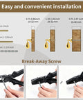 Installation guide for Top Shelf Heavy Duty Solid Brass Cabinet Knob Featuring Slick Brushed Gold Finish with break-away screw details.