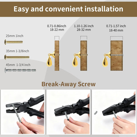 Installation guide for Top Shelf Heavy Duty Solid Brass Cabinet Knob Featuring Slick Brushed Gold Finish with break-away screw details.