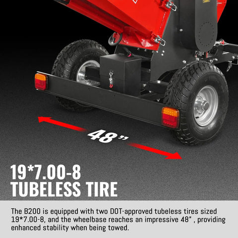 Back view of 8 Inch Towable Wood Chipper Shredder Mulcher with 48-inch wheelbase and tubeless tires model B200