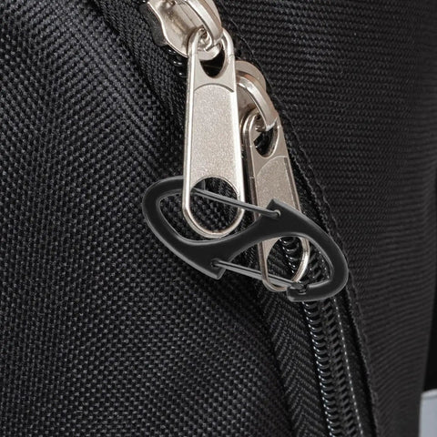 Close-up of black heavy-duty carabiner clip on backpack zipper, part of 20 Pack Heavy Duty Zipper Clips Anti Theft Carabiner Clips For Backpacks Luggage And Purses With Double Sided Spring Lock Keychain Snap Hooks In Zinc Alloy Construction Go To Gear