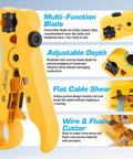 Multi-function yellow coax cable stripper tool with adjustable depth, flat cable shear, and wire cutter features.