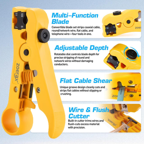 Multi-function yellow coax cable stripper tool with adjustable depth, flat cable shear, and wire cutter features.