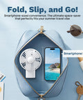 Handheld USB Rechargeable Fan With 3000mAh Battery Portable Mini Personal Fan next to smartphone in open bag