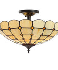 Cream And Black 16 Inch 2 Light Iron And Glass Semi Flush Mount Ceiling Fixture With Tiffany Style Artisanal Scalloped Glass Bowl LED Bulbs