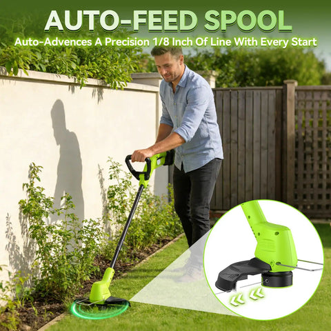 Person using a 20V Cordless Weed Wacker With 12 Inch Cutting Path Ultra Lightweight 3.5 Pound Trimmer And Edger Beast Power 9500 RPM 180 Degree Pivot Head 3 In 1 String Trimmer And Lawn Edger Includes Two 2.0Ah Batteries And Auto Feed on a lawn next to a wall.