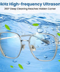 48 Kilohertz Ultrasonic Cleaning Machine For Jewelry Glasses Earbuds Dental Plates And Watch Straps Packs Dual Settings And Heavy Duty Basin Delivers Easy Breezy Washdowns That Handle Stubborn Buildup With Zero Sweat 400Ml Capacity, glasses submerged in water with bubbles.