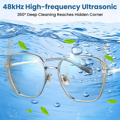 48 Kilohertz Ultrasonic Cleaning Machine For Jewelry Glasses Earbuds Dental Plates And Watch Straps Packs Dual Settings And Heavy Duty Basin Delivers Easy Breezy Washdowns That Handle Stubborn Buildup With Zero Sweat 400Ml Capacity, glasses submerged in water with bubbles.