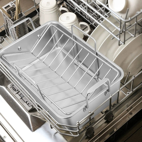 Big Turkey Roasting Pan With V Shaped Rack Stainless Steel Roaster Pan 16x11.5Inch Heavy Duty For Turkey Chicken Vegetables Lasagna Brownies Dishwasher Safe 2 Pack in dishwasher