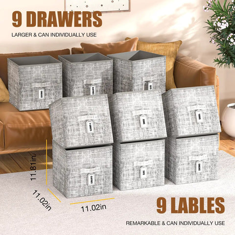 9 Cube Storage Organizer With Printed Fabric Drawers And Labels Large Capacity Cubby Shelf For Closet Living Room Dorm And Craft Yarn In Grey Go To Storage Solution For Tidy Spaces featuring grey fabric drawers. Size: 11.02"x11.02".