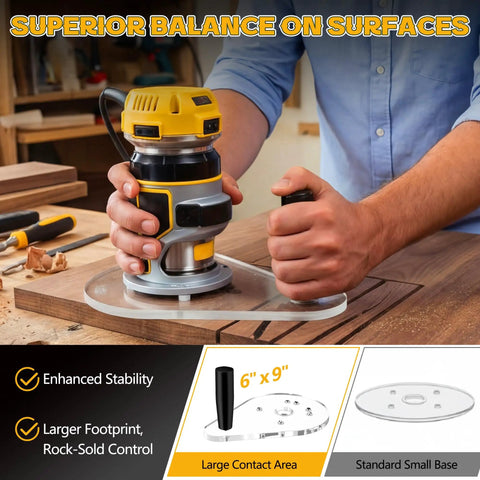 Precision Router Base Plate Delivering Dead Nuts Alignment And Killer Stability For Compact Woodworking in use on a wooden surface.