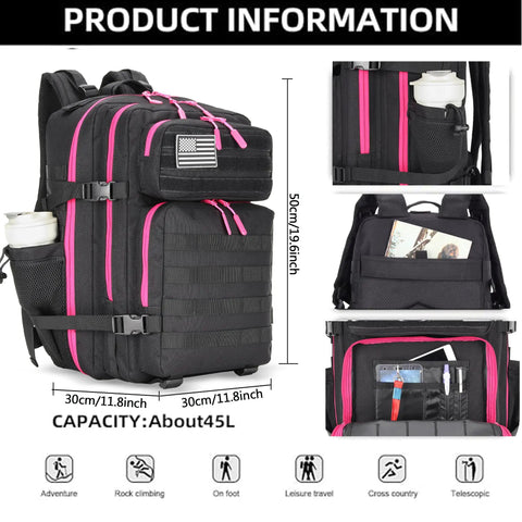 45L Tactical Assault Backpack With MOLLE System Waterproof Rucksack For Outdoor Adventures, Black Rose, showing compartments.
