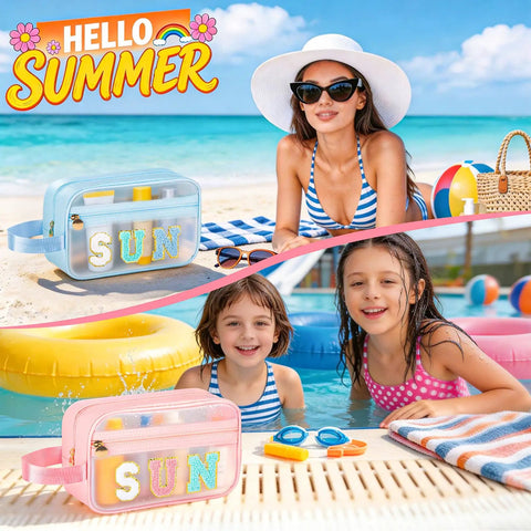 Clear SPF Sunscreen Bag With Handle For Beach And Pool on sandy beach and poolside, holding toiletries, see-through design.