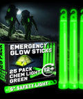 Ultra Bright Green Glow Sticks Emergency Chem Lights 6 Inch 25 Pack Military Grade 12 Hour Bulk Tactical Light Sticks For Survival Gear Camping Power Outages, shown with glow effect at night.