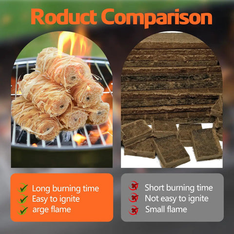 Waterproof 72 Pack Fire Starters comparison of pine cubes and standard blocks on grills