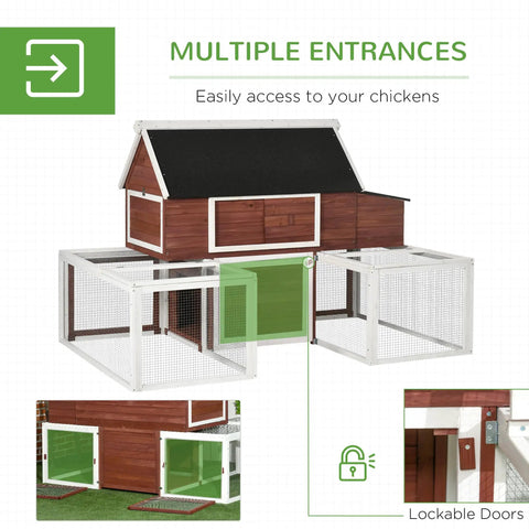 Customizable Outdoor Chicken Coop With Nesting Box And Ramp 114 Inch Wooden Hen House showing multiple entrances and lockable doors