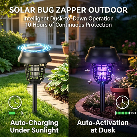 Solar Powered Bug Zapper For Outdoor Use Must Have Waterproof Mosquito Trap And Killer For Moths Gnats Flies Small Flying Insects Solar Zapper For Backyard Garden 4 Pack showing daytime charging and night operation in garden setting