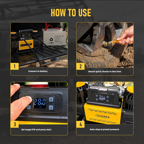 Step-by-step guide on using Heavy Duty 12V Air Compressor For 4X4 Trucks Portable Dual Cylinder Tire Inflator.