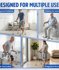 Built Tough Toilet Safety Rail Rated To 350 Pounds, Adjustable Grab Bar For Seniors And Handicap Users, Foldable Non Slip Frame With Heavy Duty C Clamps And Suction Cups, Dead Steady Support That Just Works shown in multiple use scenarios for seniors, pregnant women and surgical patients.
