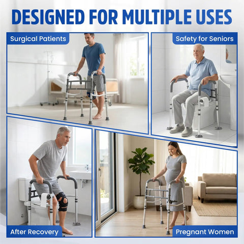 Built Tough Toilet Safety Rail Rated To 350 Pounds, Adjustable Grab Bar For Seniors And Handicap Users, Foldable Non Slip Frame With Heavy Duty C Clamps And Suction Cups, Dead Steady Support That Just Works shown in multiple use scenarios for seniors, pregnant women and surgical patients.