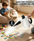 Grab This Badass Portable Handheld Steam Cleaner! 1300W high pressure cleaning puzzle pieces safely while a child plays nearby.