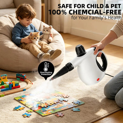 Grab This Badass Portable Handheld Steam Cleaner! 1300W high pressure cleaning puzzle pieces safely while a child plays nearby.