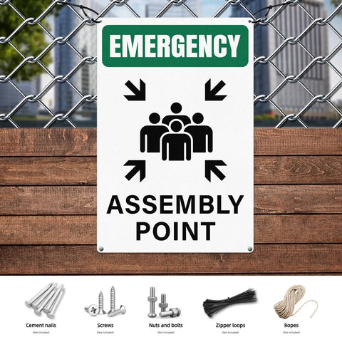 Emergency Assembly Point Sign 18x12 Inches Reflective Aluminum Waterproof Signage With Pre Drilled Holes for outdoor use