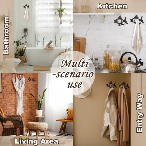 Dead Reliable Cast Iron Fish Wall Hooks 2 Pack in bathroom, kitchen, living area, and entryway for practical use.