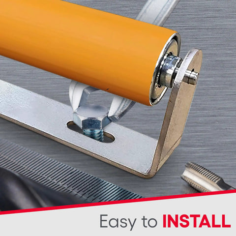 Close-up of polyurethane-coated roller and bracket set for conveyor and kayak systems, highlighting installation detail.