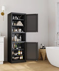 Tall Narrow Black Metal Storage Cabinet With Four Adjustable Shelves A True Space Saving Workhorse For Kitchen Office Living Room And Dining Room 66 Inch Tall Pantry Cabinet Built From Cold Rolled Steel With Scratch Resistant Powder Coat in bathroom setting