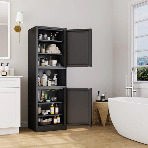 Tall Narrow Black Metal Storage Cabinet With Four Adjustable Shelves A True Space Saving Workhorse For Kitchen Office Living Room And Dining Room 66 Inch Tall Pantry Cabinet Built From Cold Rolled Steel With Scratch Resistant Powder Coat in bathroom setting