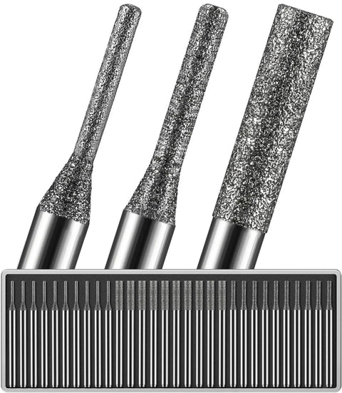 Pro-Grade Diamond Drill Bits Set, 30-Piece With 1mm 2mm 3mm Tips, 150-Grit, 1/8 Inch Shank, shown in close-up view
