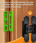 Dead On Hidden Hinge Template With Invisible Door Router Guide For Slick Cabinet Installation Includes Solid Trimming Knife, green installation jig and black hinge shown.