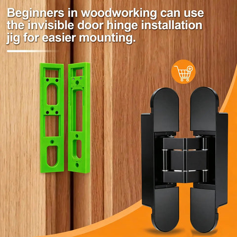 Dead On Hidden Hinge Template With Invisible Door Router Guide For Slick Cabinet Installation Includes Solid Trimming Knife, green installation jig and black hinge shown.