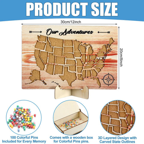 USA Travel Cork Map Set With 100 Push Pins And Wooden Storage Box 12x8 Inches, Detailed View With Map, Pins, Box, and Adhesive Strips