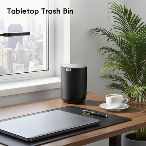 Compact Swing Top Mini Trash Can With Lid For Bathroom Vanity Countertop Desk Or Office 2.2L 7.3In Tall 5.3In Diameter Black