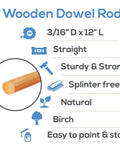 Image showing Top Shelf Pre Sanded Wood Dowel Rods 3/16 Inch X 12 Inch Pack Of 100 Smooth Unfinished Hardwood Craft Sticks details.