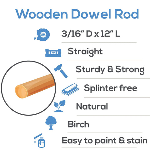 Image showing Top Shelf Pre Sanded Wood Dowel Rods 3/16 Inch X 12 Inch Pack Of 100 Smooth Unfinished Hardwood Craft Sticks details.