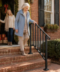 Rock Solid Two Tier Handrail For Patio Stairs And Deck Entries Matte Black Galvanized Steel Railing System on brick steps.