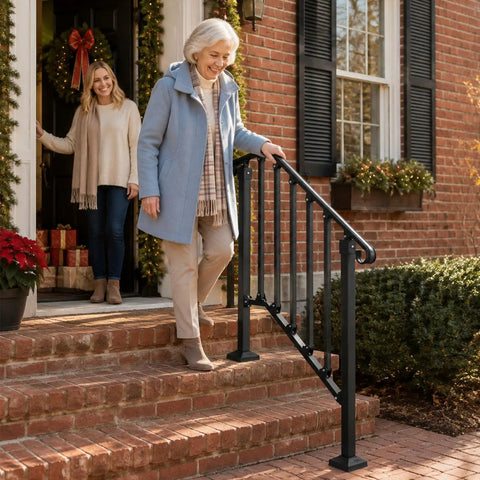 Rock Solid Two Tier Handrail For Patio Stairs And Deck Entries Matte Black Galvanized Steel Railing System on brick steps.