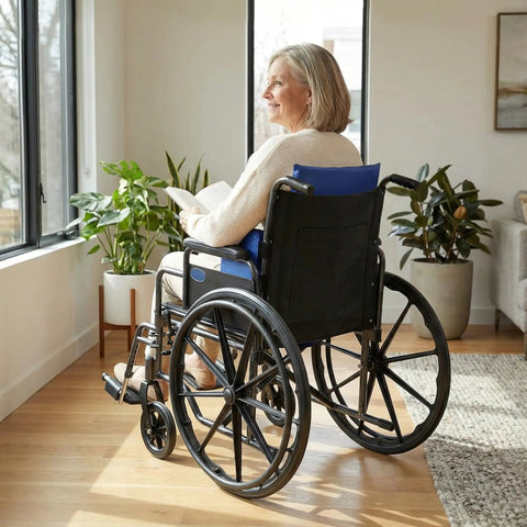 Skil Care Adjustable Wheelchair Lateral Trunk Support With Foam Side Panels For Bilateral Torso Stabilization, user seated in wheelchair.