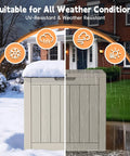 Weatherproof 31 Gallon Deck Box With Locking Lid For Outdoor Cushions, Pool Gear, And Garden Tools In Greige, UV Resistant Resin Storage Bin showing weather resistance.