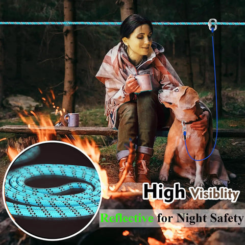 Go To Reflective Dog Tie Out Cable 50Ft For Camping And Backyard Built Tough Runner Trolley System For Dogs Up To 300 Lbs in use by campfire